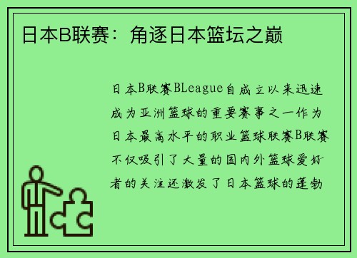 日本B联赛：角逐日本篮坛之巅