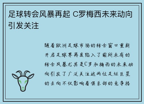 足球转会风暴再起 C罗梅西未来动向引发关注 足球转会风暴再起 C罗梅西未来动向引发关注