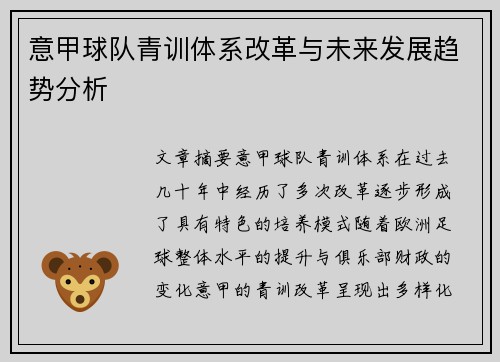 意甲球队青训体系改革与未来发展趋势分析