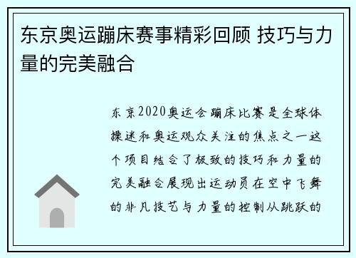 东京奥运蹦床赛事精彩回顾 技巧与力量的完美融合